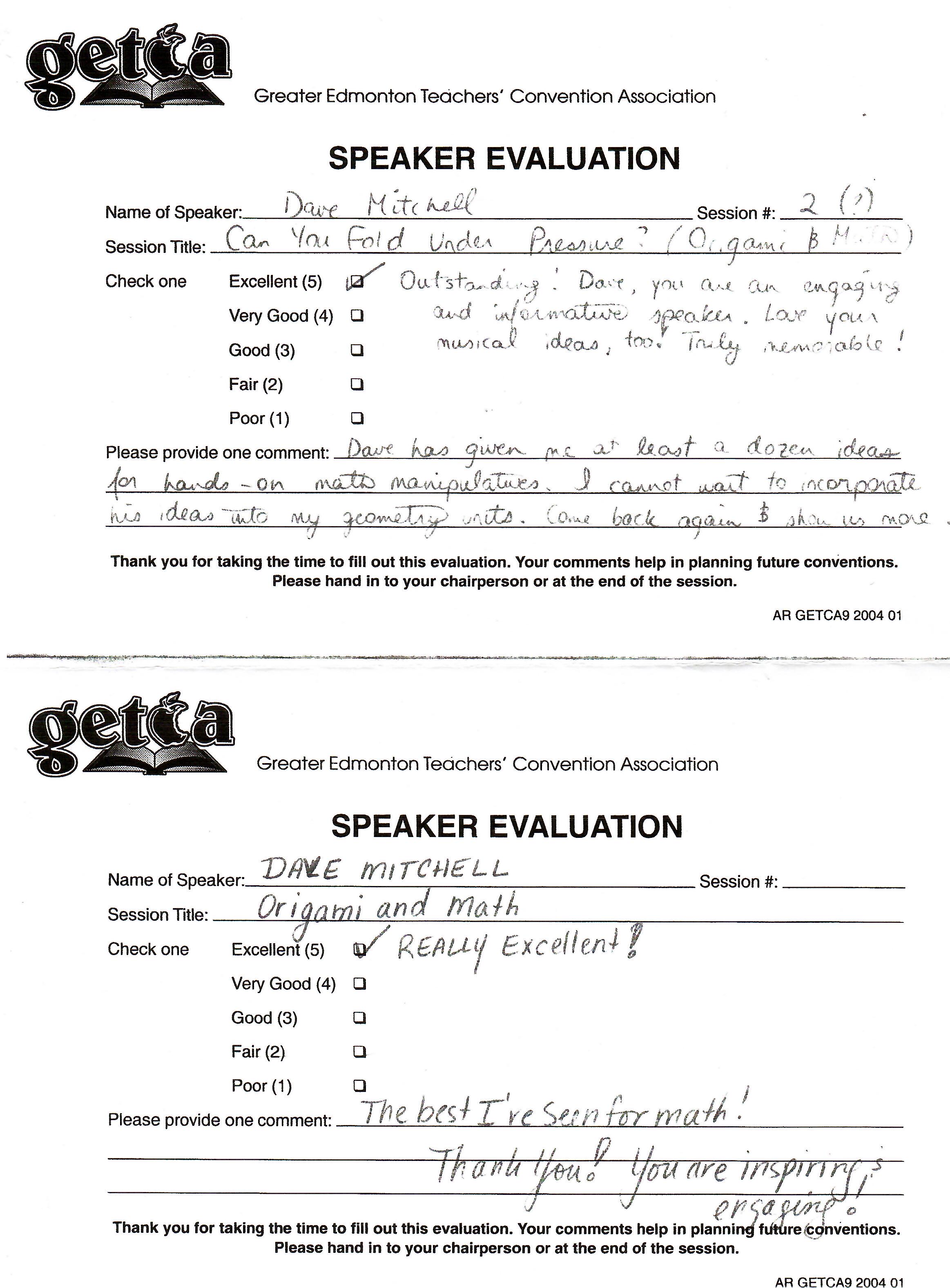 Speaker evaluation forms rating Dave Mitchell as Excellent
